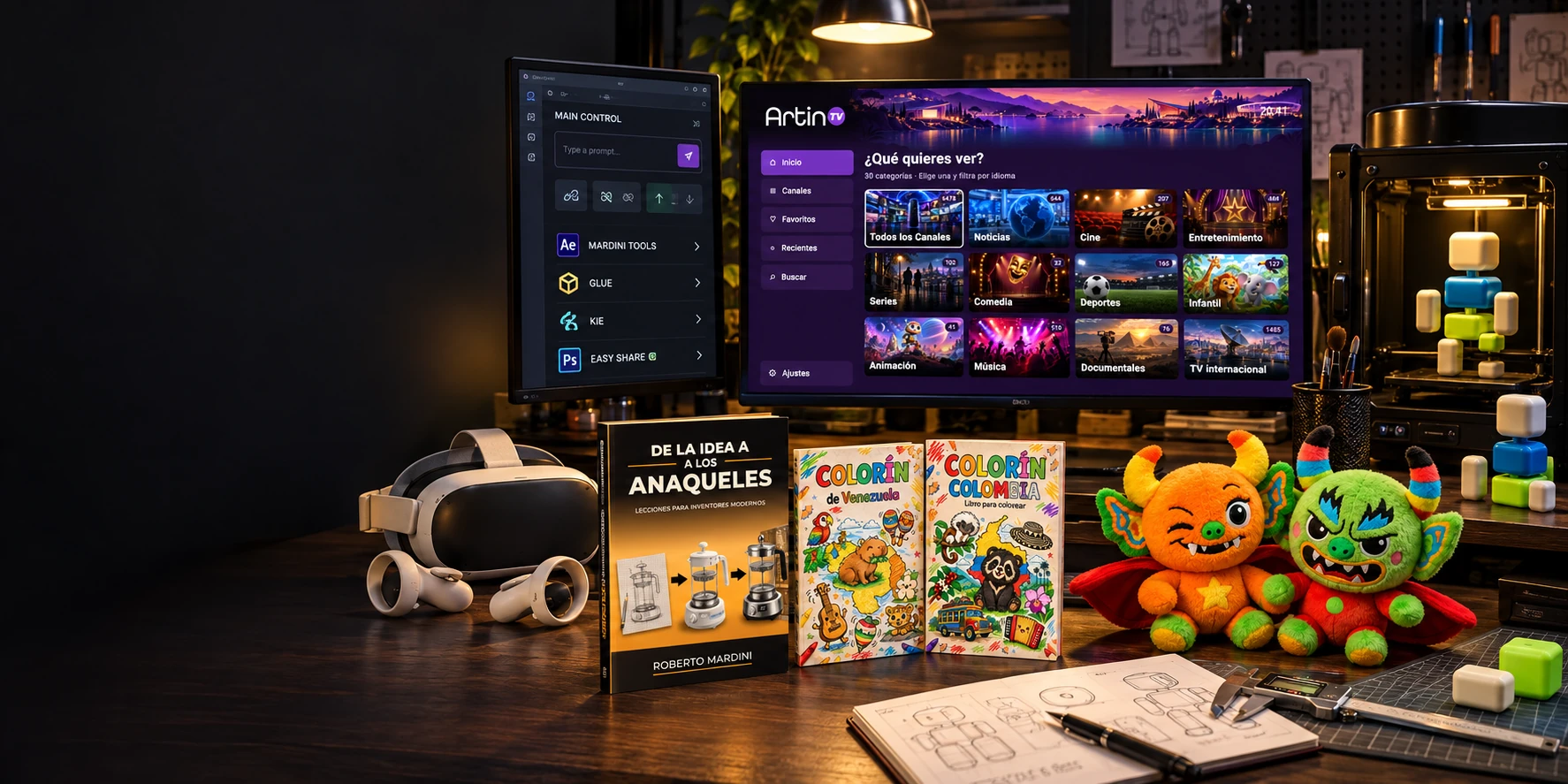 Taller de Roberto Mardini con Artin TV, herramientas creativas, visor de realidad virtual, impresora y prototipos de 3D-Joint, libros Colorín y De la idea a los anaqueles, Blinky y Hangry.