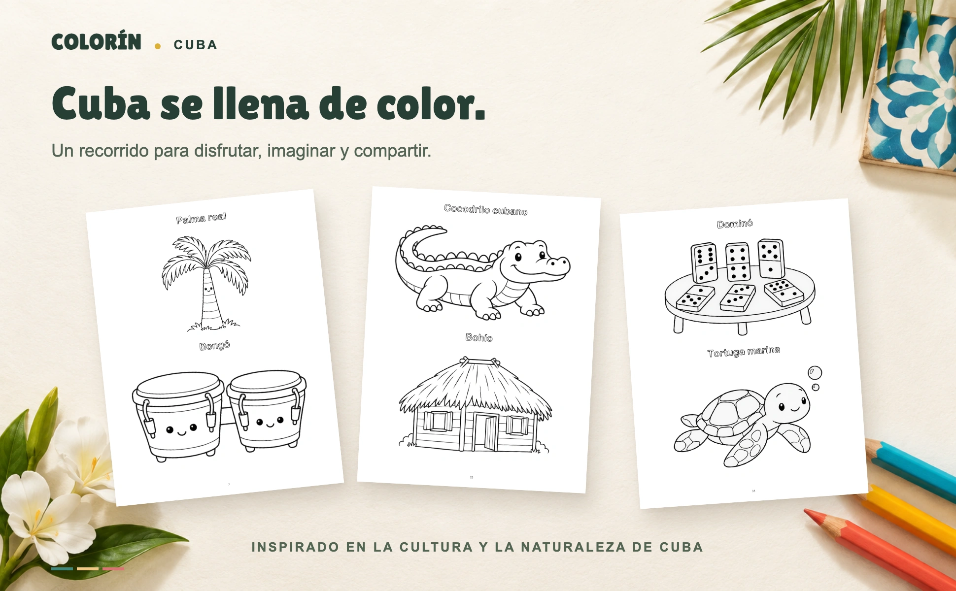 Palma, bongó, cocodrilo, bohío, dominó y tortuga marina de Colorín Cuba