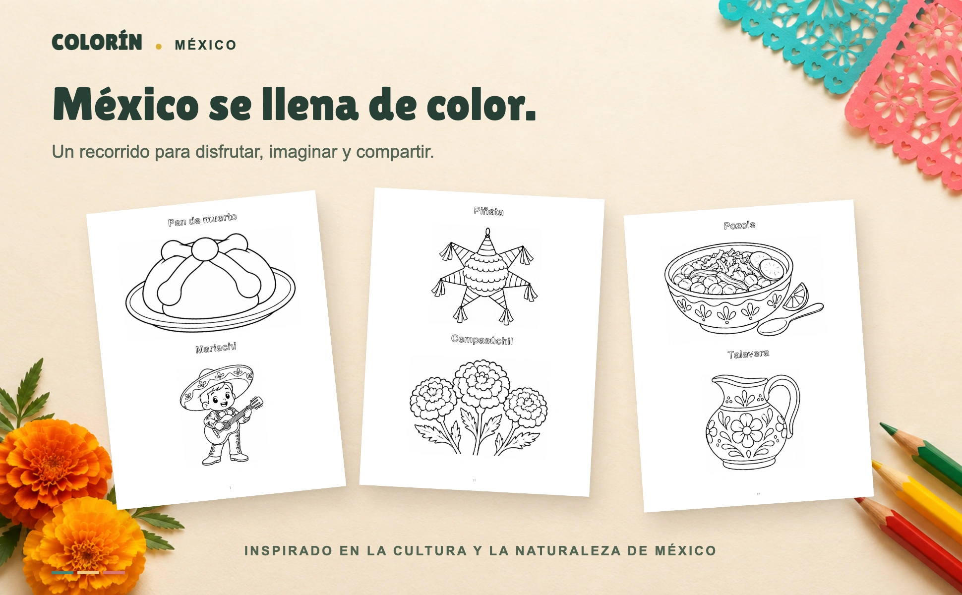 Pan de muerto, mariachi, piñata, cempasúchil, pozole y talavera de Colorín México