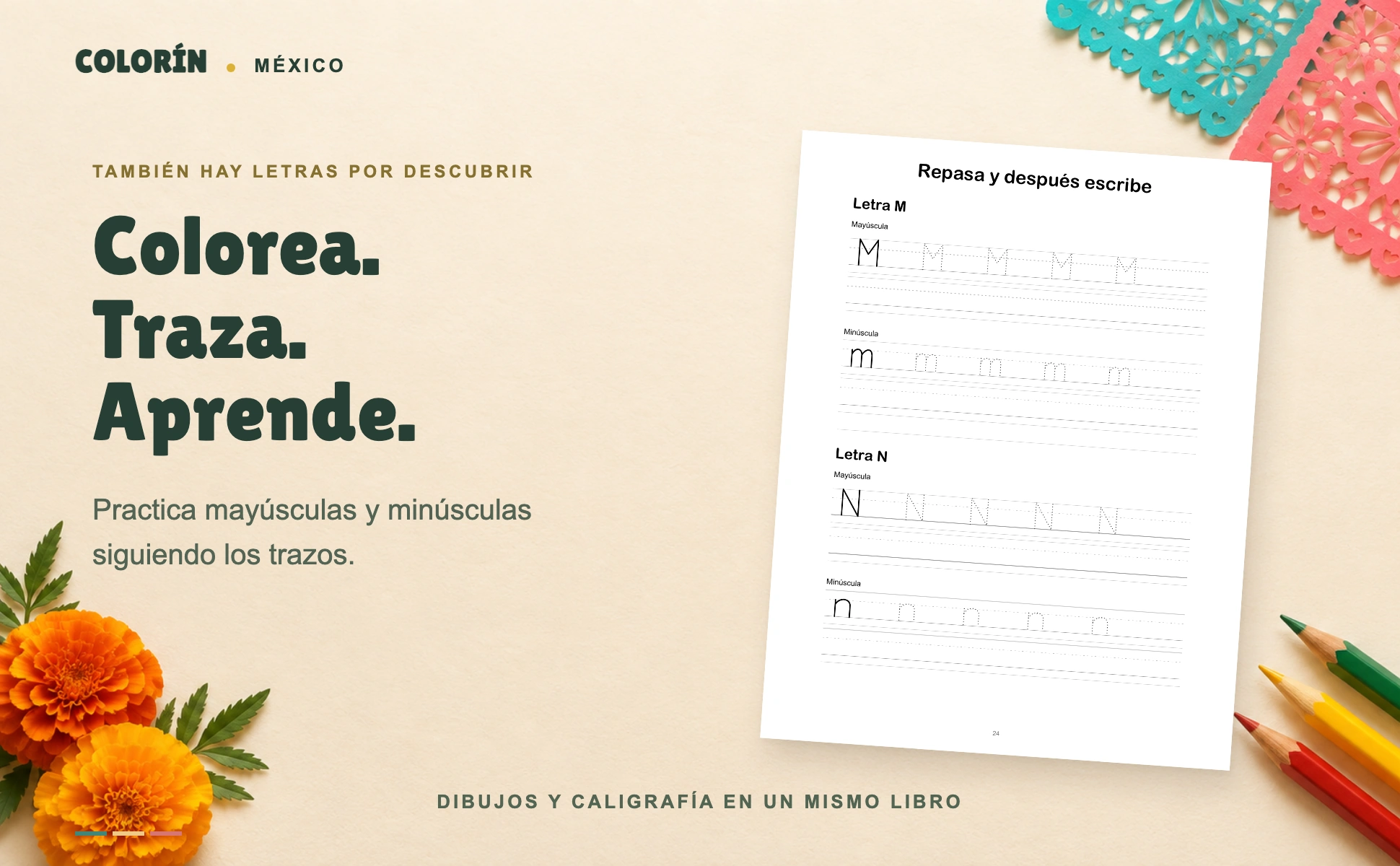 Caligrafía de M y N en mayúsculas y minúsculas de Colorín México