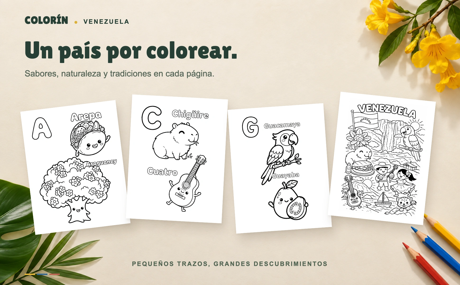 Arepa, araguaney, chigüire, cuatro, guacamaya y Venezuela de Colorín Venezuela
